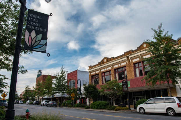 Statesville, North Carolina/USA-September 5, 2018: Downtown historic Statesville on a warm summer's evening.