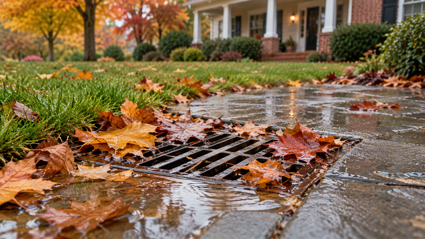 Wet autumn leaves partially cover an outdoor drain, with rainwater pooling on a stone patio.