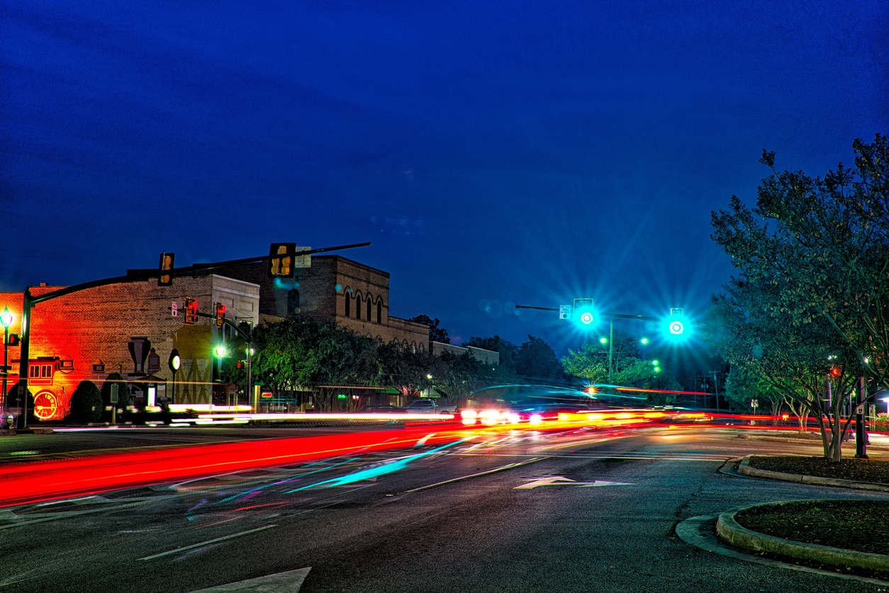 Nighttime long-exposure of downtown Clover, SC.